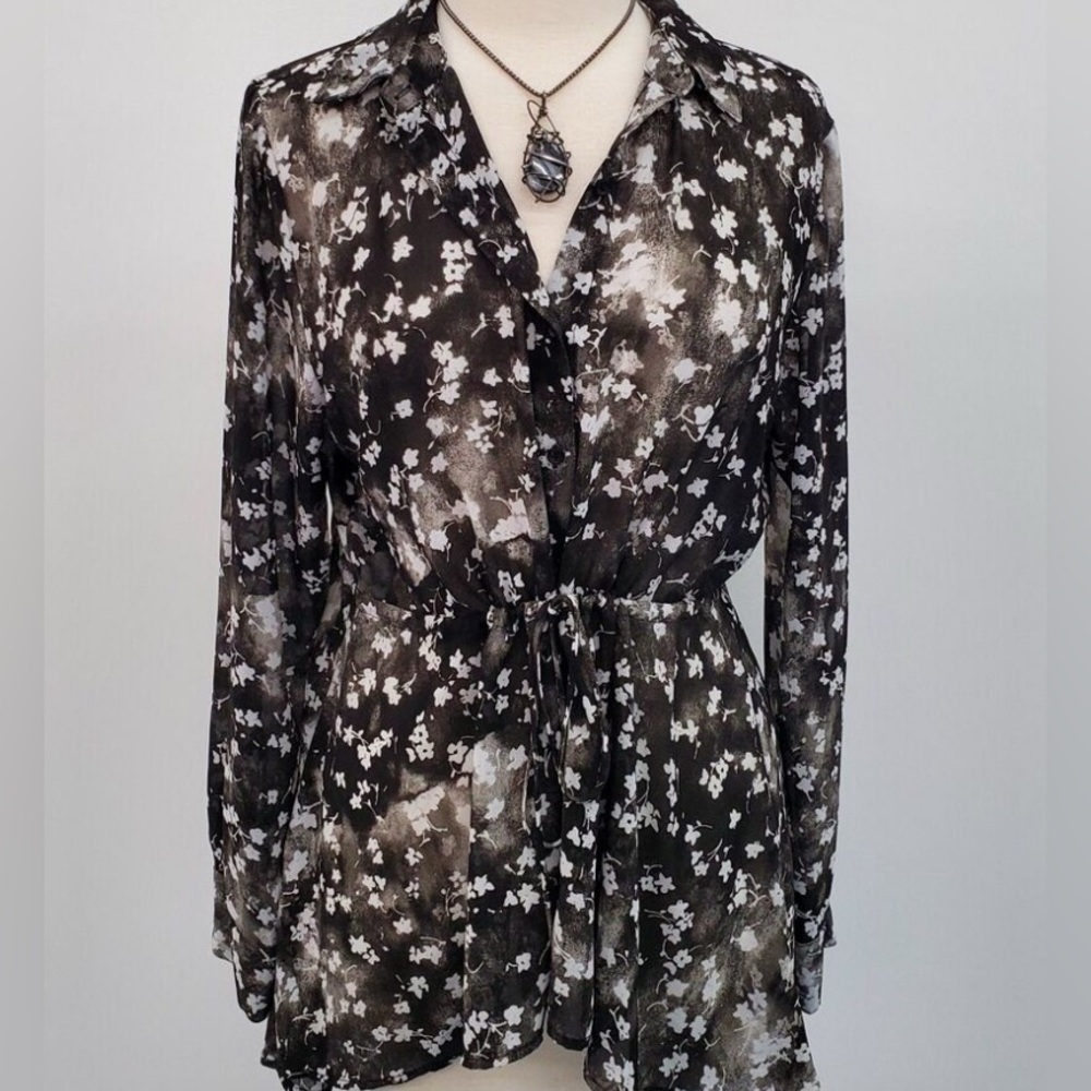Women's Simply Vera, Vera Wang Tie Waist Button Up Blouse, Black, Size S